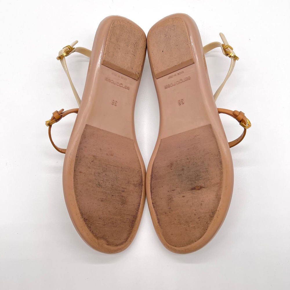 SERGIO ROSSI Shoes Womens 38 Cream Brown T-strap Jelly Sandal Thong Flip Flop - Picture 9 of 12